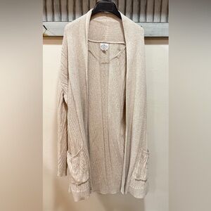 St John’s Bay Long Tan Textured Sweater Cardigan Open Front Heavy Jacket Sz. L